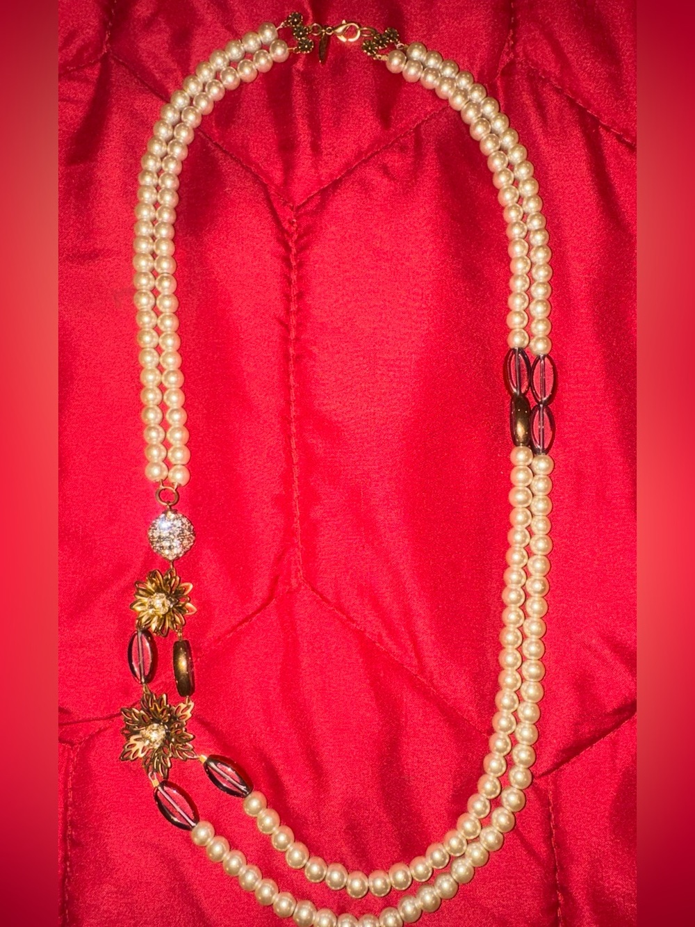 Lenora Dame Vintage Style Multi-Strand Faux Pearl Necklace Asymmetric Flower
